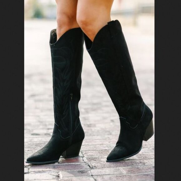 Universal Thread tall black cowboy western boots vegan suede - Picture 2 of 2